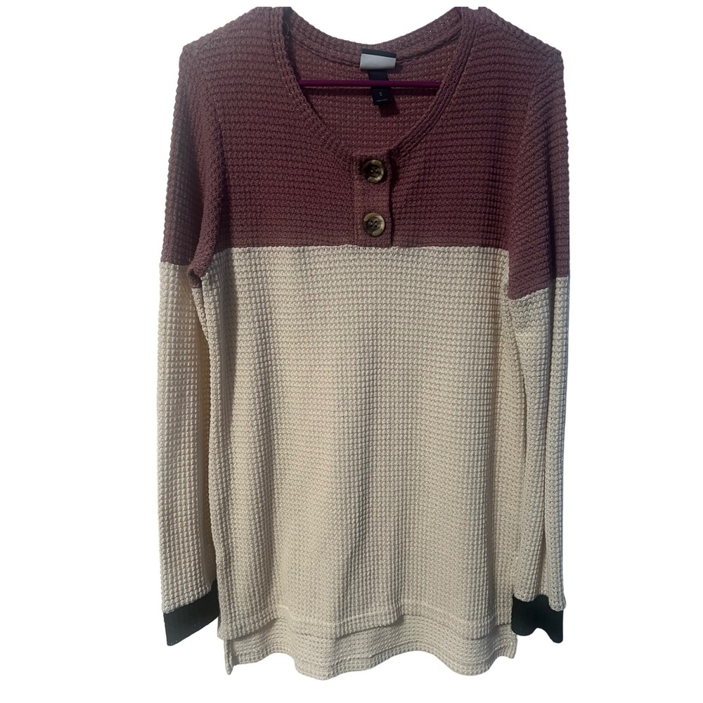 Daytrip Henley Top Womens Small Mauve Cream Waffle Knit